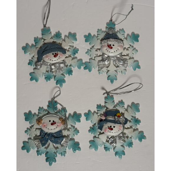Lot of 4 Snowman Snowflake Blue White Silver Hats 4" Figurine Ornament - Picture 8 of 8